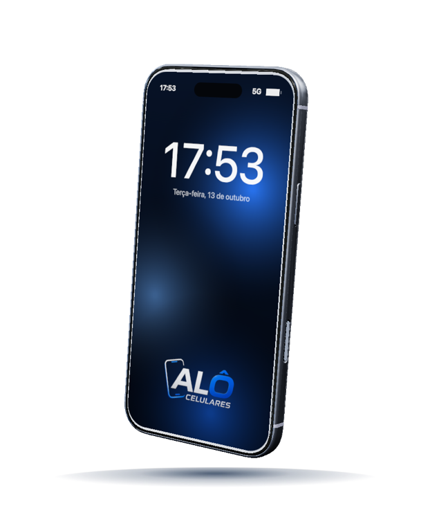 iPhone visto de frente, com a tela acesa mostrando a marca Alô Celulares